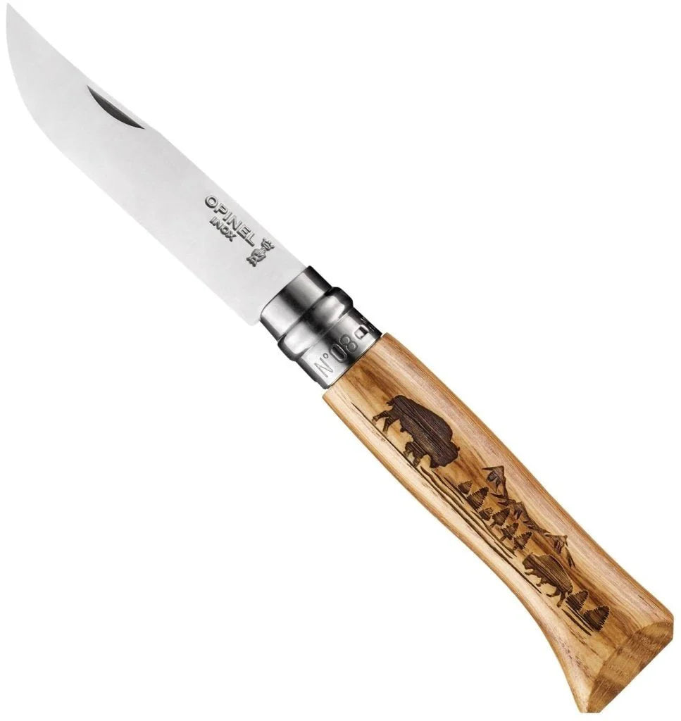 No.08 Stainless Steel Oak Engraved Handle Folding Knife
